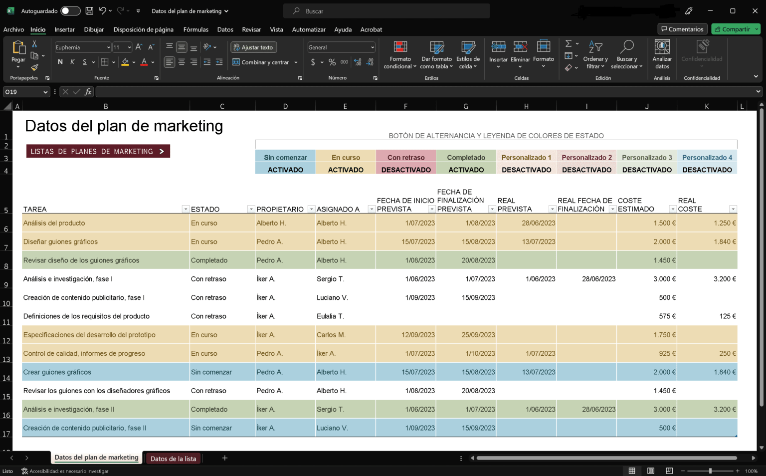 Plantilla de Excel Datos del plan de marketing